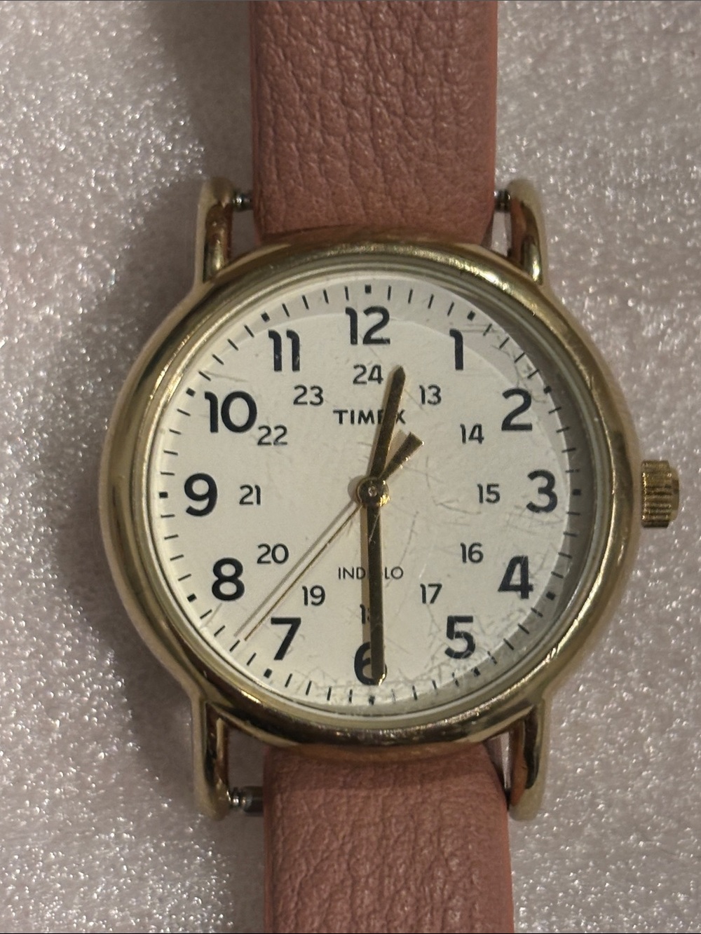 Timex Men’s Watch with Pink Leather Strap and Gold-Tone Case